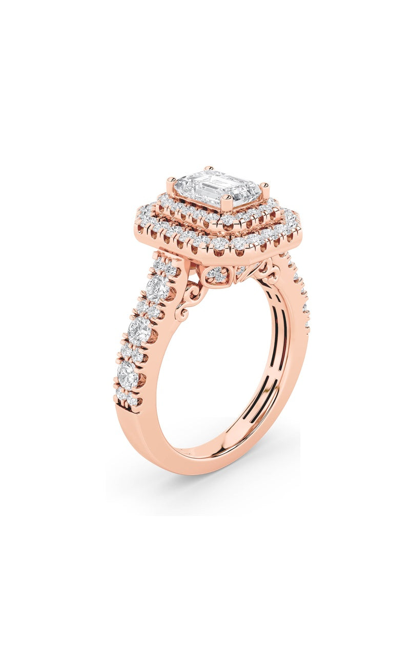 2CTW Emerald Shaped Lab Grown Diamond (F/VS) Double Halo Engagement Ring in 14K Gold