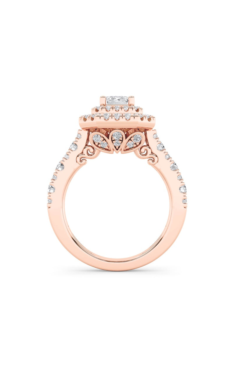 2CTW Emerald Shaped Lab Grown Diamond (F/VS) Double Halo Engagement Ring in 14K Gold
