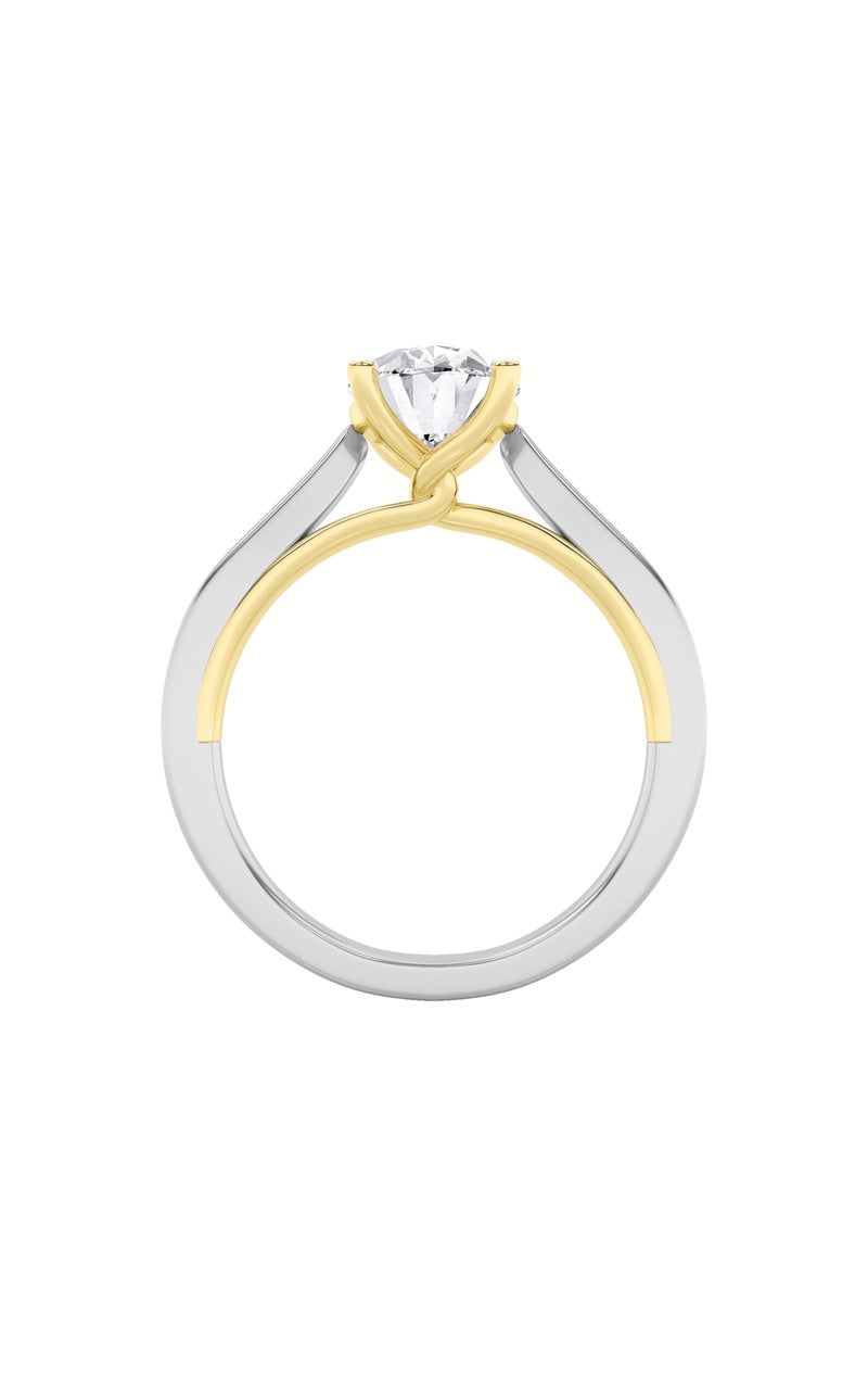 1CTW Oval Shaped Lab Grown Diamond (F/VS) Two Tone Twisted Basket Cathedral Shank Solitaire Ring in 14K Gold