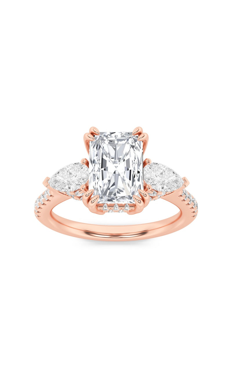 3CTW Radiant Shaped Lab Grown Diamond (F/VS) Accented Three Stone Ring in 14K Gold