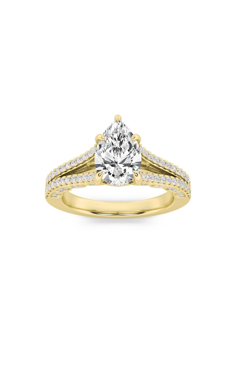2CTW Pear Shaped Lab Grown Diamond (F/VS) Split Shank Accented Engagement Ring in 14K Gold