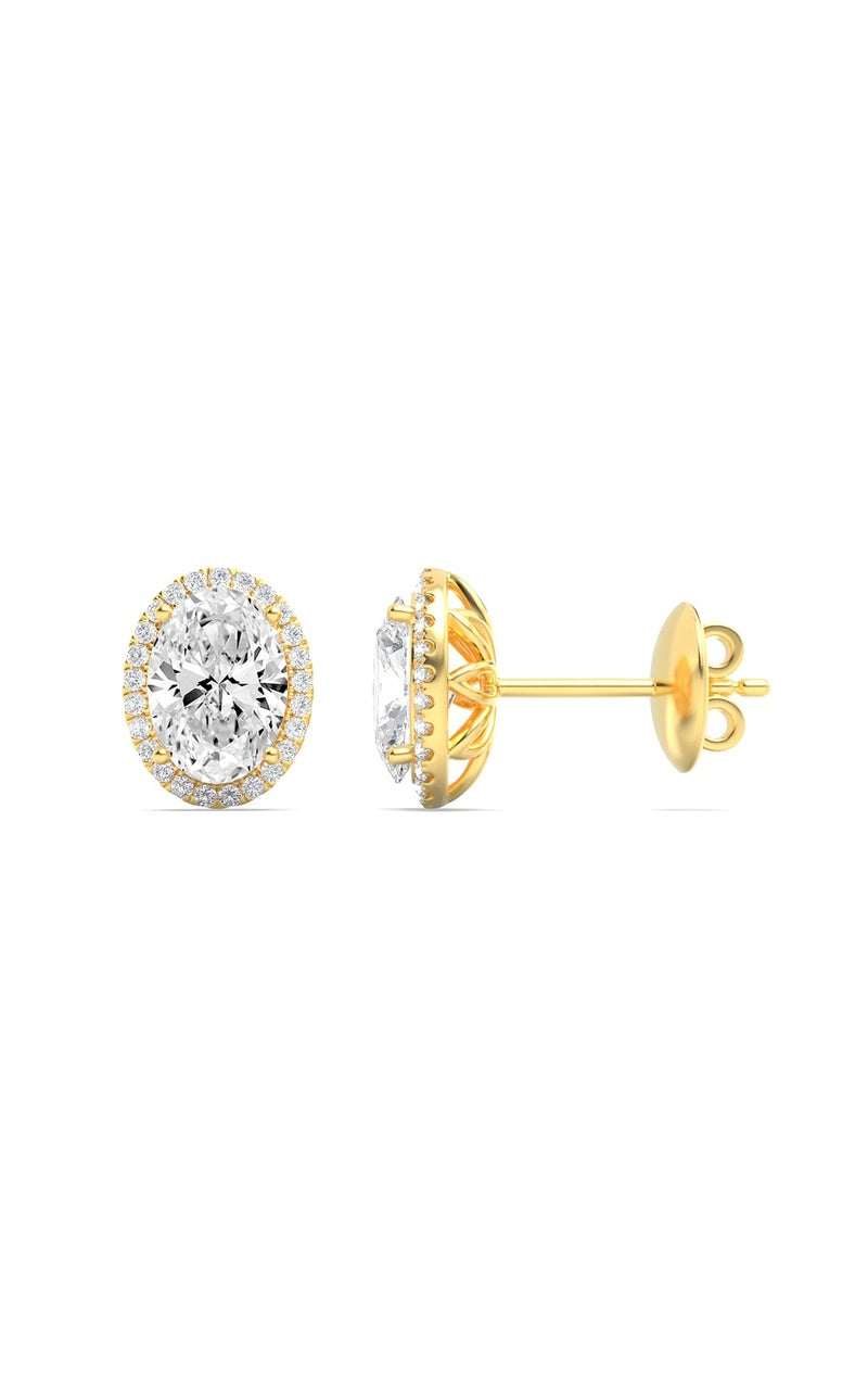 3CTW Oval Shaped Lab Grown Diamond (F/VS) Halo Stud Earrings in 14K Gold