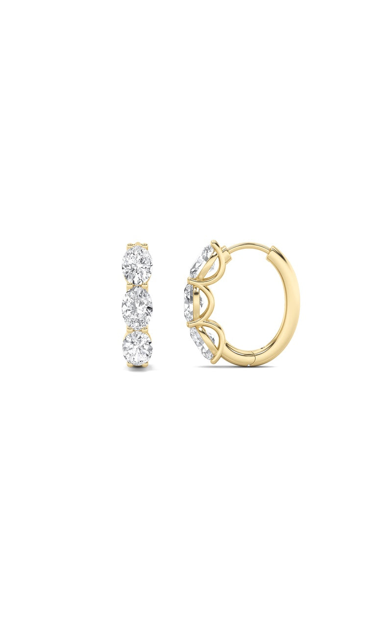 3CTW Oval Shaped Lab Grown Diamond (F/VS) Three Stone Huggie Earrings in 14K Gold