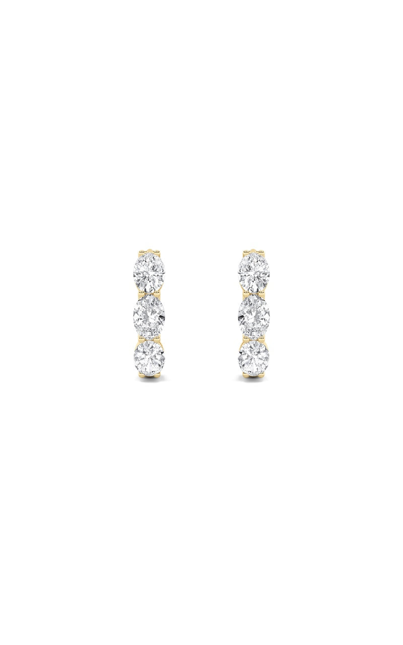 3CTW Oval Shaped Lab Grown Diamond (F/VS) Three Stone Huggie Earrings in 14K Gold