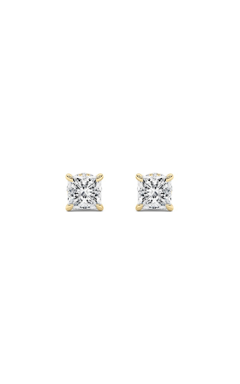 2CTW Princess Shaped Lab Grown Diamond (F/VS) Hidden Halo Stud Earrings in 14K Gold