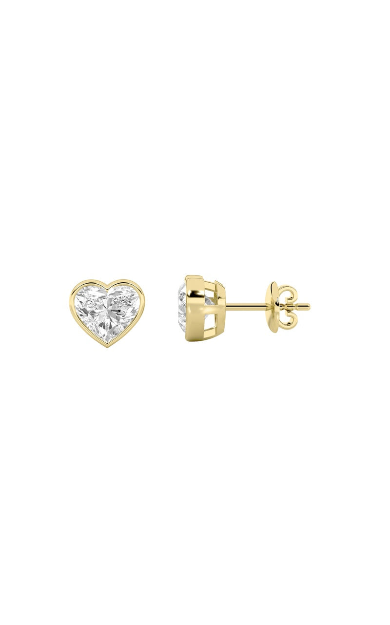 2CTW Heart Shaped Lab Grown Diamond (F/VS) Bezel Set Stud Earrings in 14K Gold