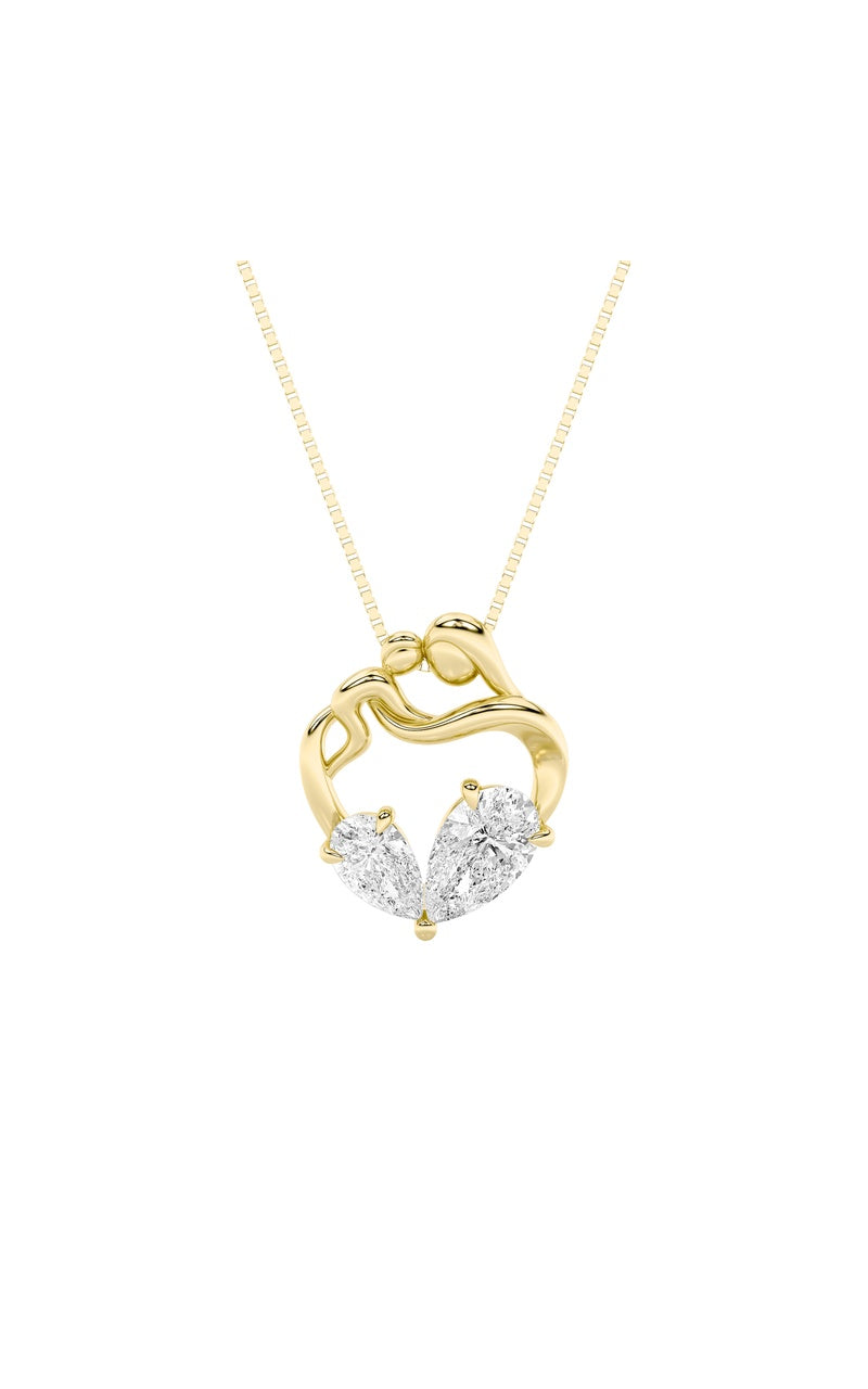 3CTW Pear Shaped Lab Grown Diamond (F/VS) Mother & Child Heart Shaped Pendant in 14K Gold
