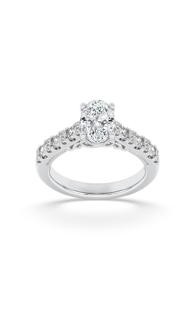 2CTW Oval Shaped Lab Grown Diamond (F/VS) Accented Milgrain Engagement Ring in 14K Gold