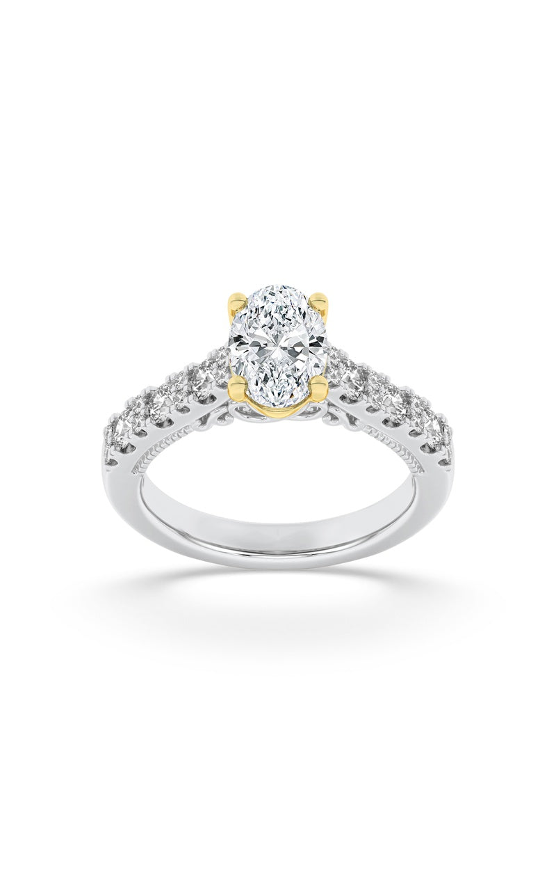 2CTW Oval Shaped Lab Grown Diamond (F/VS) Accented Milgrain Engagement Ring in 14K Gold