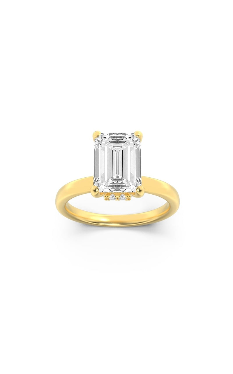 3CTW Emerald Shaped Lab Grown Diamond (F/VS) Hidden Halo Plain Shank Engagement Ring in 14K Gold