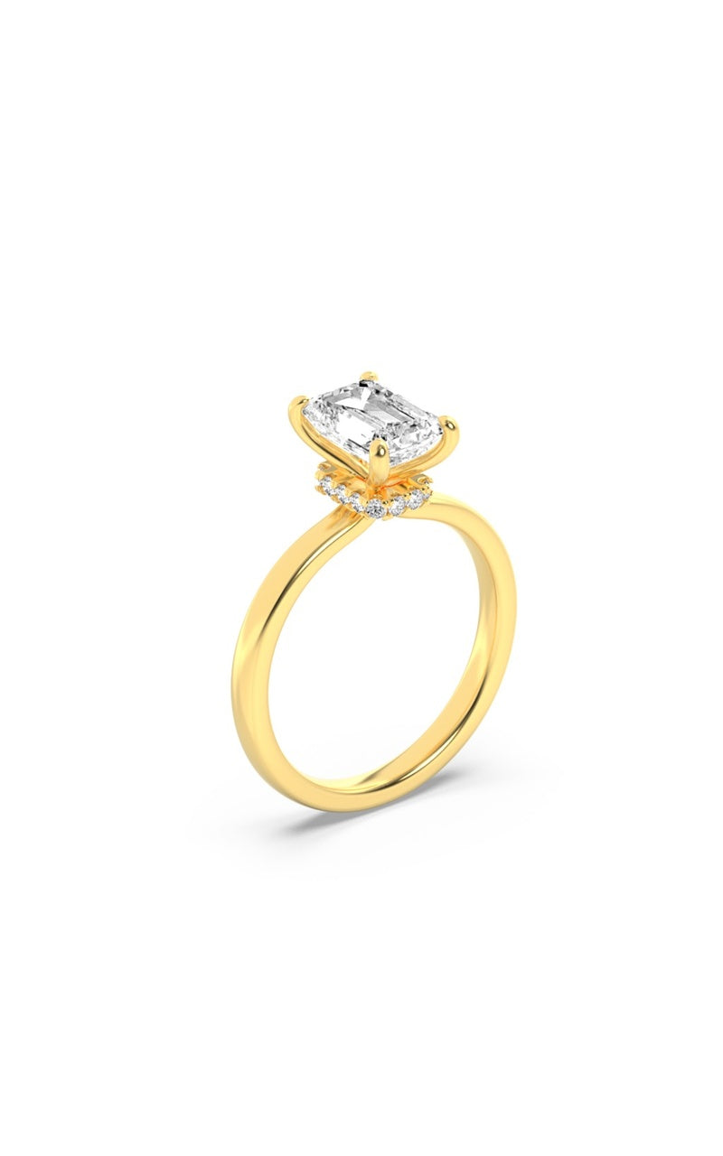 3CTW Emerald Shaped Lab Grown Diamond (F/VS) Hidden Halo Plain Shank Engagement Ring in 14K Gold