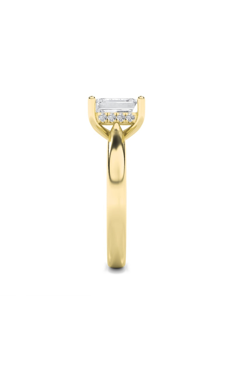 2CTW Emerald Shaped Lab Grown Diamond (F/VS) Hidden Halo Cathedral Shank Engagement Ring in 14K Gold