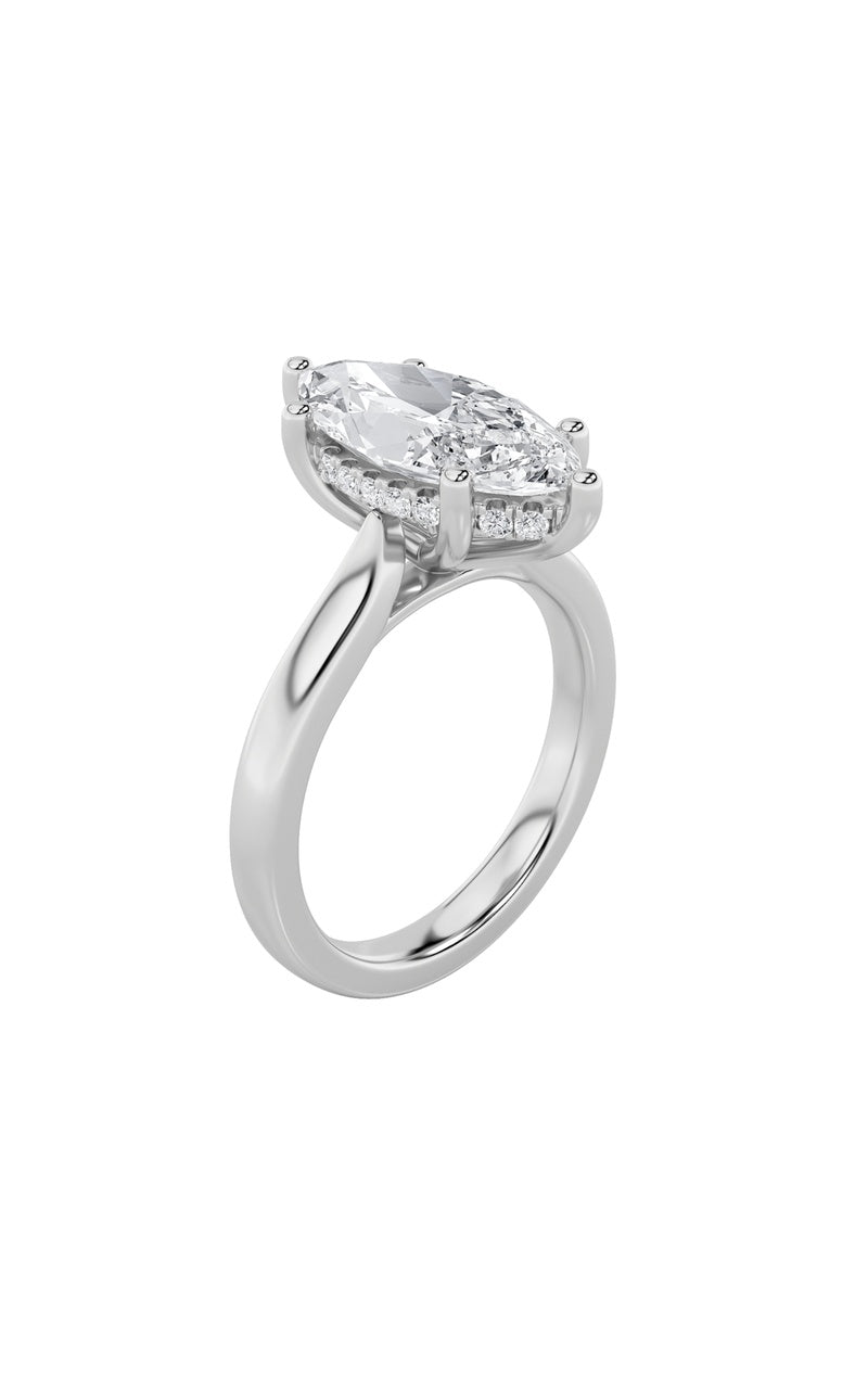 1CTW Marquise Shaped Lab Grown Diamond (F/VS) Hidden Halo Cathedral Shank Engagement Ring in 14K Gold