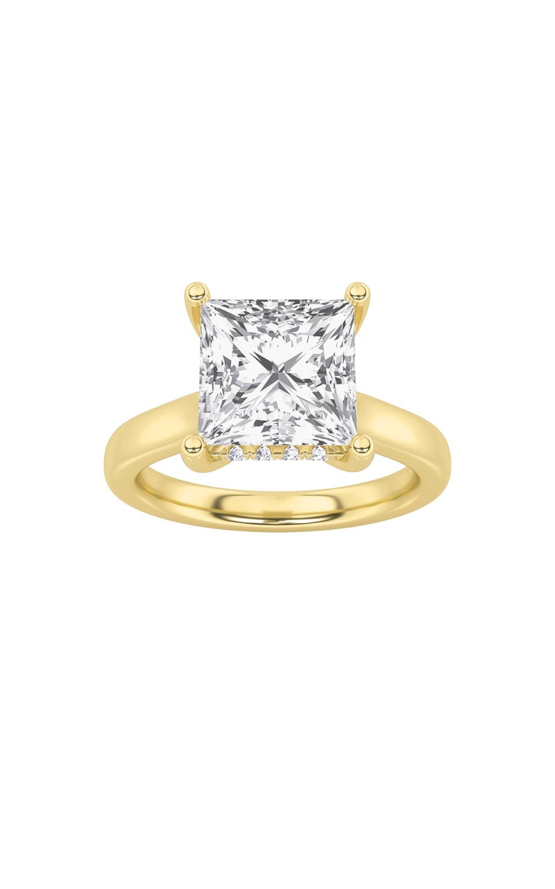 3CTW Princess Shaped Lab Grown Diamond (F/VS) Hidden Halo Cathedral Shank Engagement Ring in 14K Gold