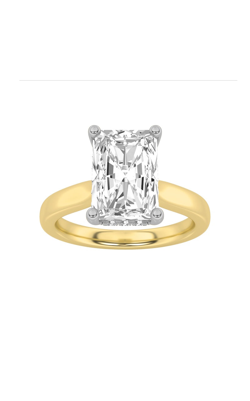 3CTW Radiant Shaped Lab Grown Diamond (F/VVS) Hidden Halo Cathedral Shank Engagement Ring in 14K Gold