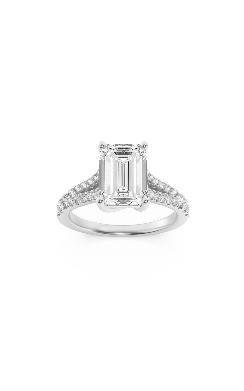 4CTW Emerald Shaped Lab Grown Diamond (F/VS) Split Shank Trellis Engagement Ring in 14K Gold