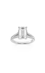 Load image into Gallery viewer, 4CTW Emerald Shaped Lab Grown Diamond (F/VS) Split Shank Trellis Engagement Ring in 14K Gold
