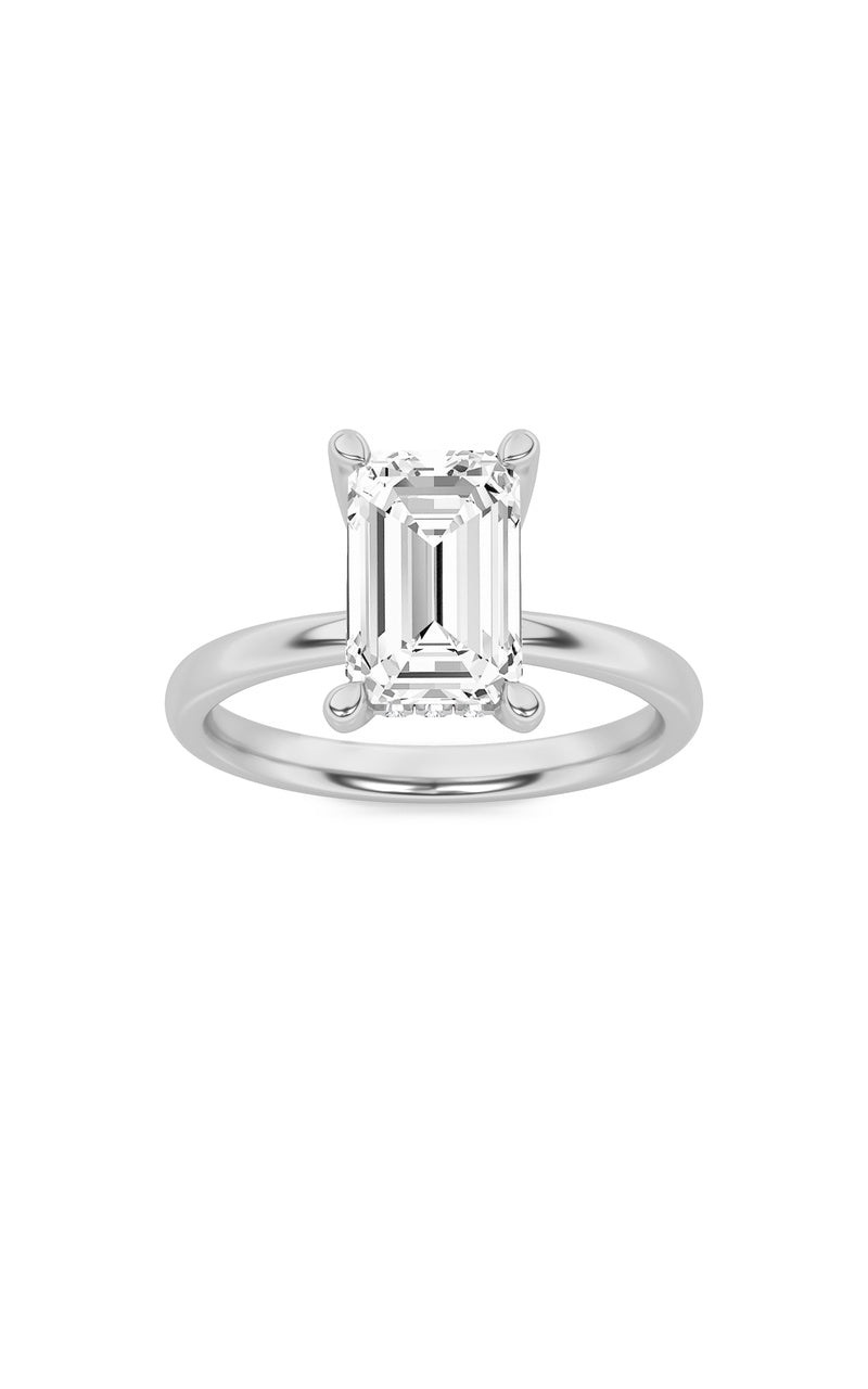 2CTW Emerald Shaped Lab Grown Diamond (F/VS) Hidden Halo Petite Shank Ring in 14K Gold
