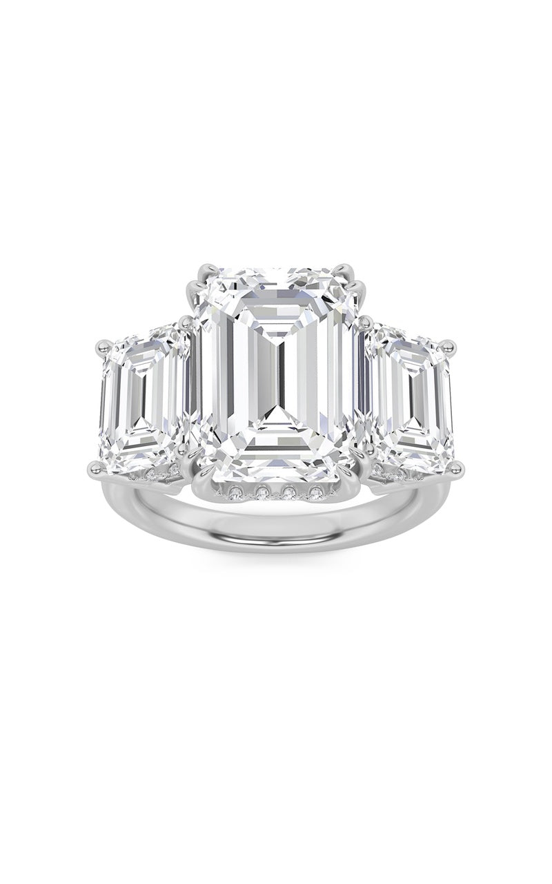 8.25CTW Emerald Shaped Lab Grown Diamond (F/VS) Bold Three Stone Accented Ring in 14K Gold