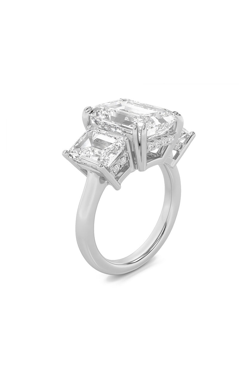 8.25CTW Emerald Shaped Lab Grown Diamond (F/VS) Bold Three Stone Accented Ring in 14K Gold