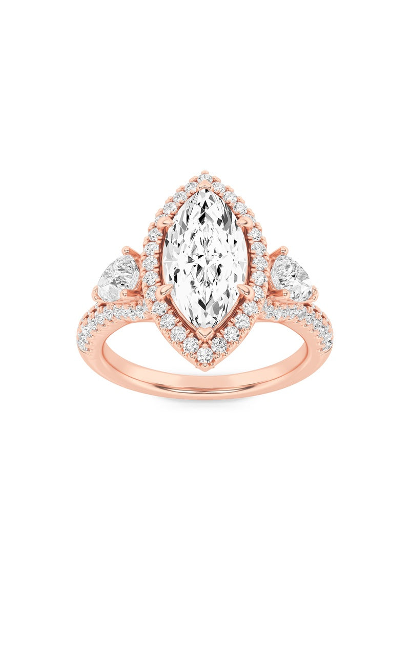 3CTW Marquise Shaped Lab Grown Diamond (F/VS) Three Stone Bold Accented Engagement Ring in 14K Gold
