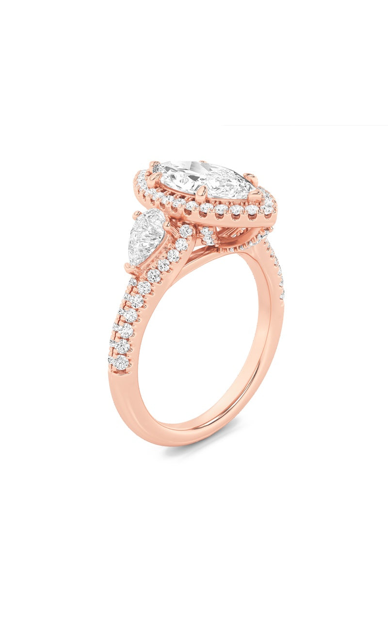3CTW Marquise Shaped Lab Grown Diamond (F/VS) Three Stone Bold Accented Engagement Ring in 14K Gold