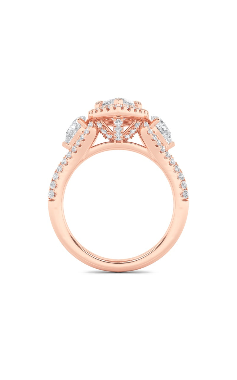 3CTW Marquise Shaped Lab Grown Diamond (F/VS) Three Stone Bold Accented Engagement Ring in 14K Gold