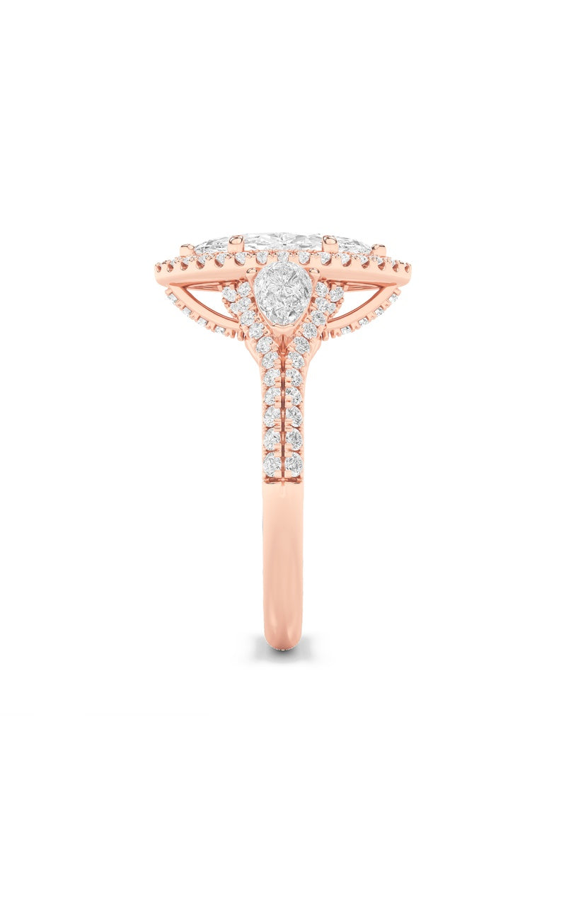 3CTW Marquise Shaped Lab Grown Diamond (F/VS) Three Stone Bold Accented Engagement Ring in 14K Gold