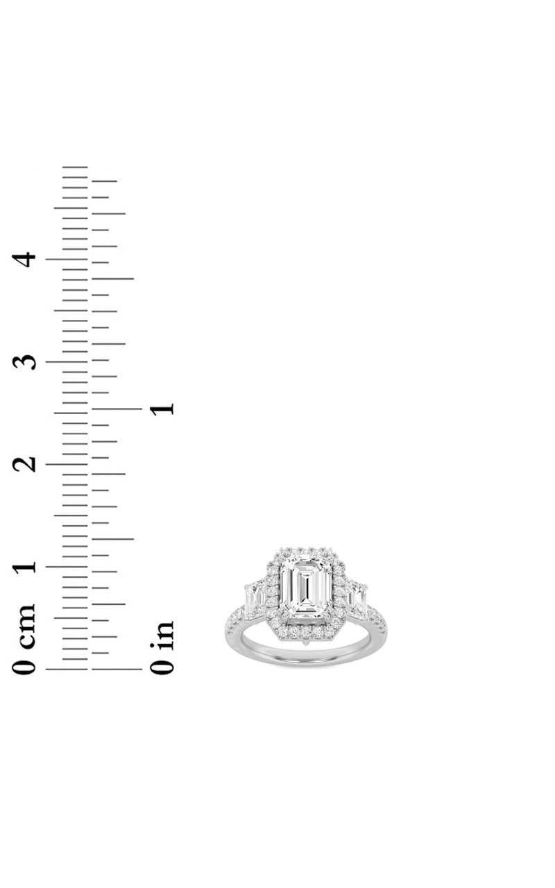 3CTW Emerald Shaped Lab Grown Diamond (G/VS) Three Stone Accented Engagement Ring in 14K Gold
