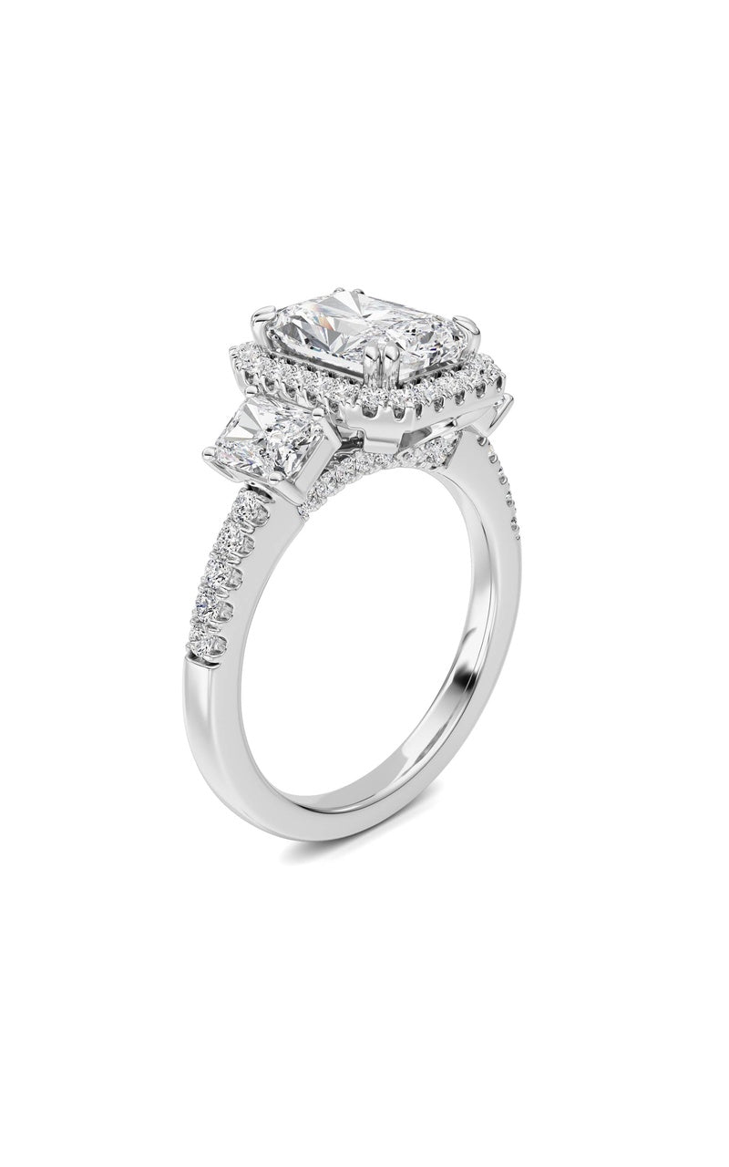 3CTW Radiant Shaped Lab Grown Diamond (F/VS) Accented Three Stone Ring in 14K Gold