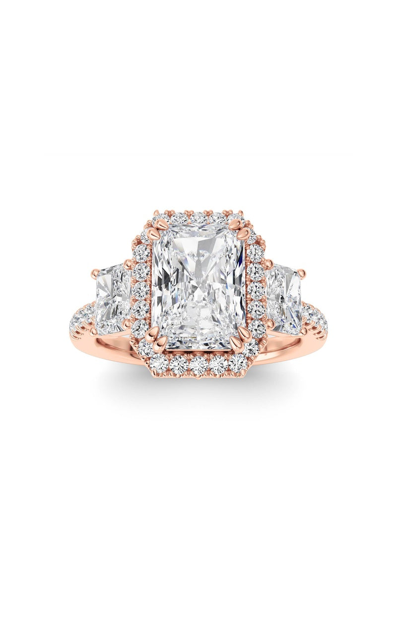 3CTW Radiant Shaped Lab Grown Diamond (F/VS) Accented Three Stone Ring in 14K Gold