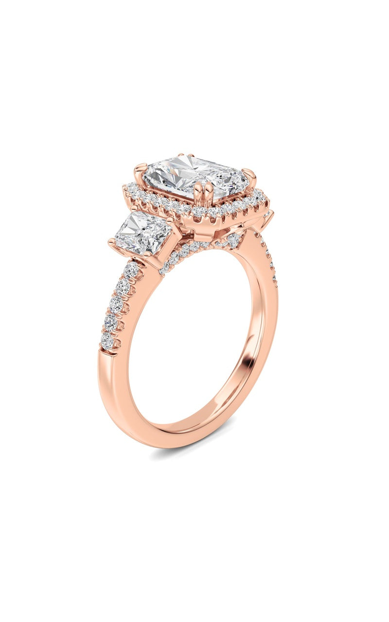 3CTW Radiant Shaped Lab Grown Diamond (F/VS) Accented Three Stone Ring in 14K Gold
