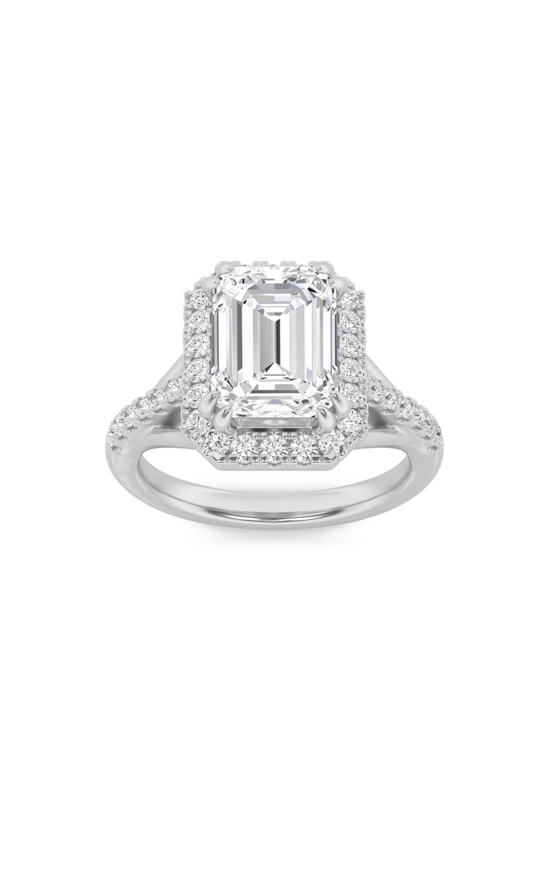 3CTW Emerald Shaped Lab Grown Diamond (F/VS) Halo Accented Engagement Ring in 14K Gold