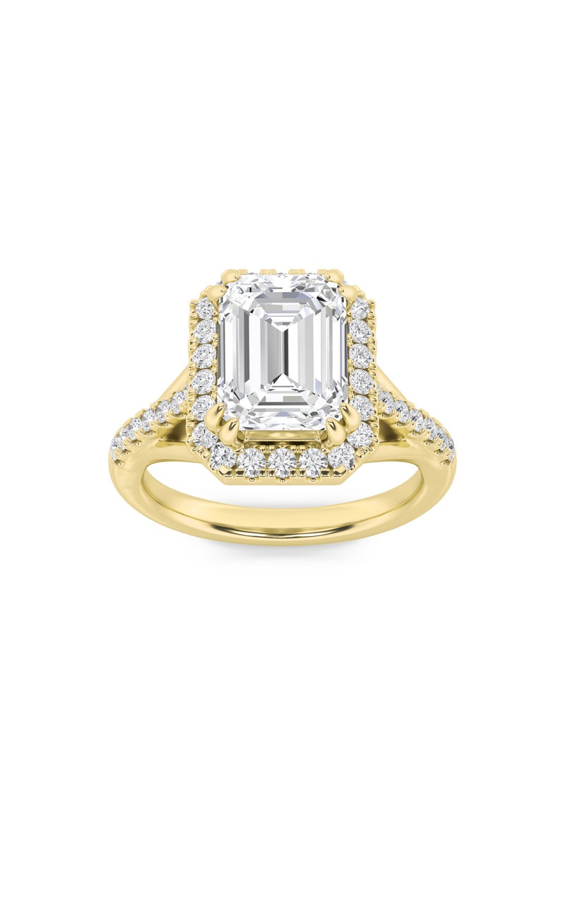 3CTW Emerald Shaped Lab Grown Diamond (F/VS) Halo Accented Engagement Ring in 14K Gold