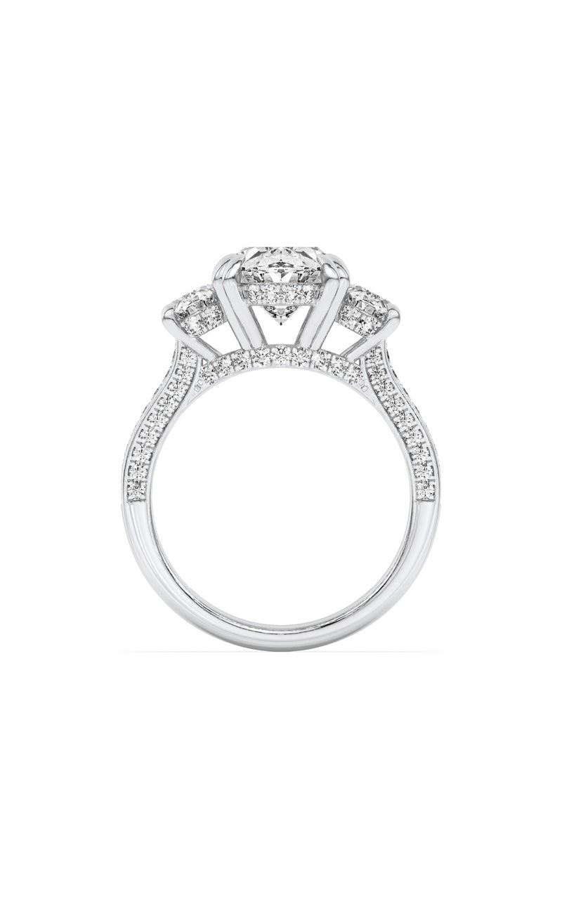 5CTW Oval Shaped Lab Grown Diamond (F/VS) Three Stone Accented Engagement Ring in 14K Gold