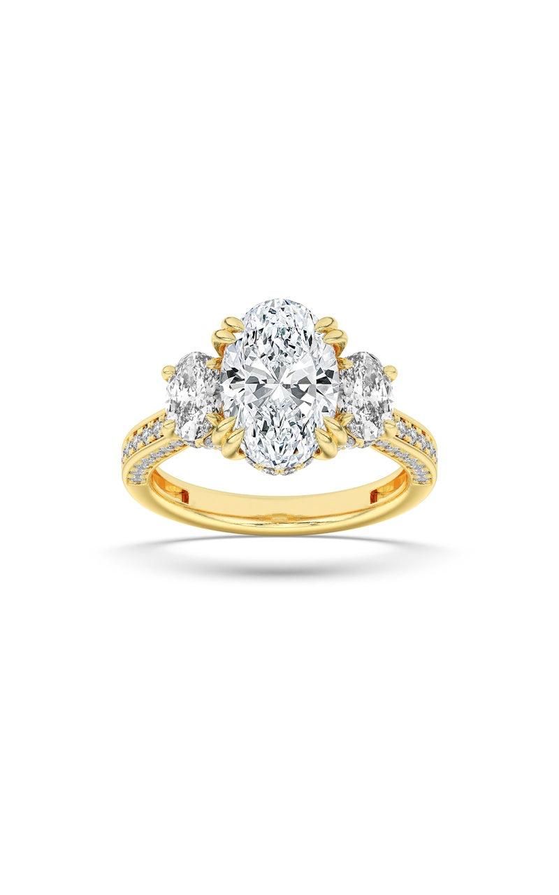 5CTW Oval Shaped Lab Grown Diamond (F/VS) Three Stone Accented Engagement Ring in 14K Gold