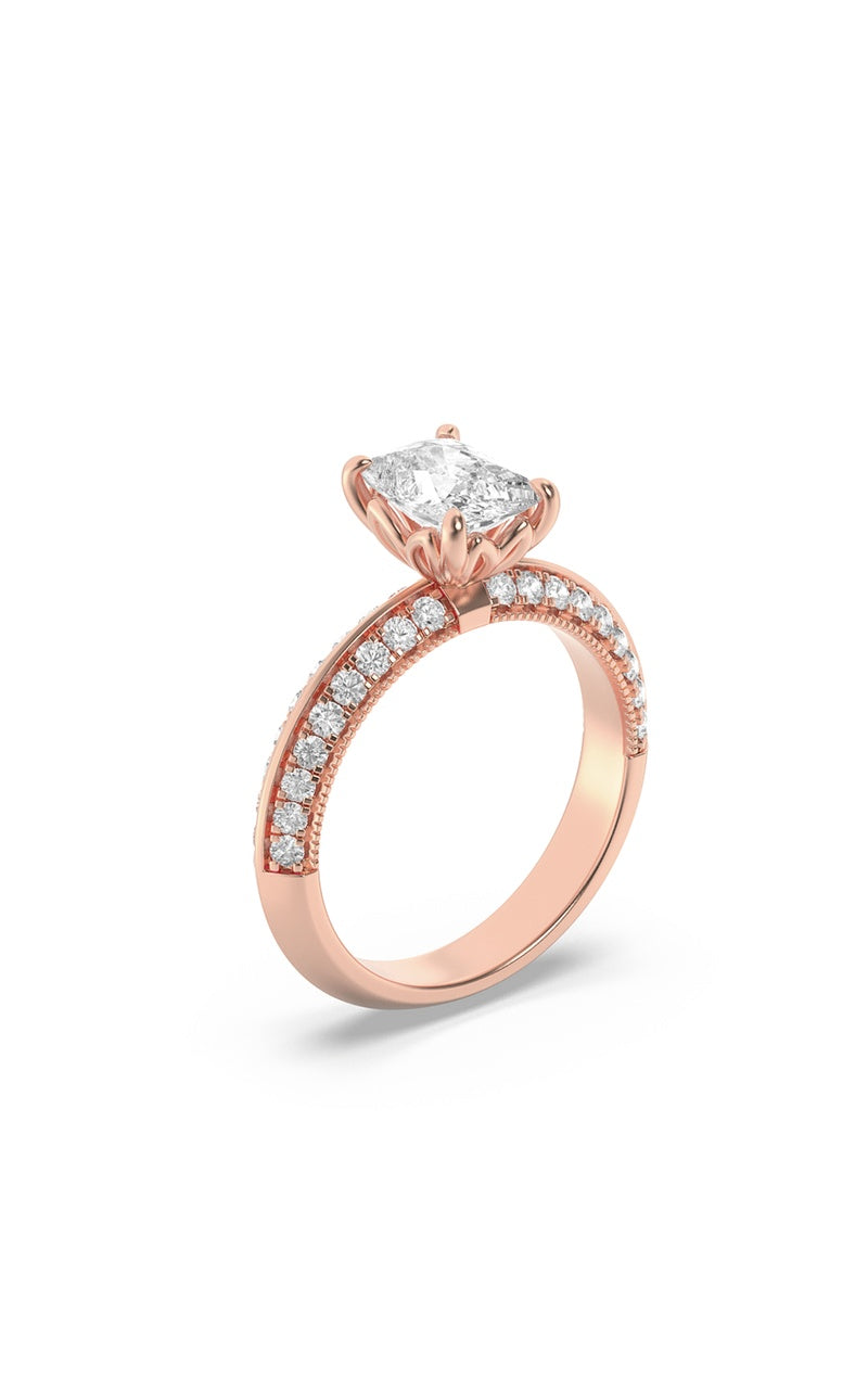 1.75CTW Elongated Cushion Shaped Lab Grown Diamond (F/VS) Three Row Micro Pave Engagement Ring in 14K Gold