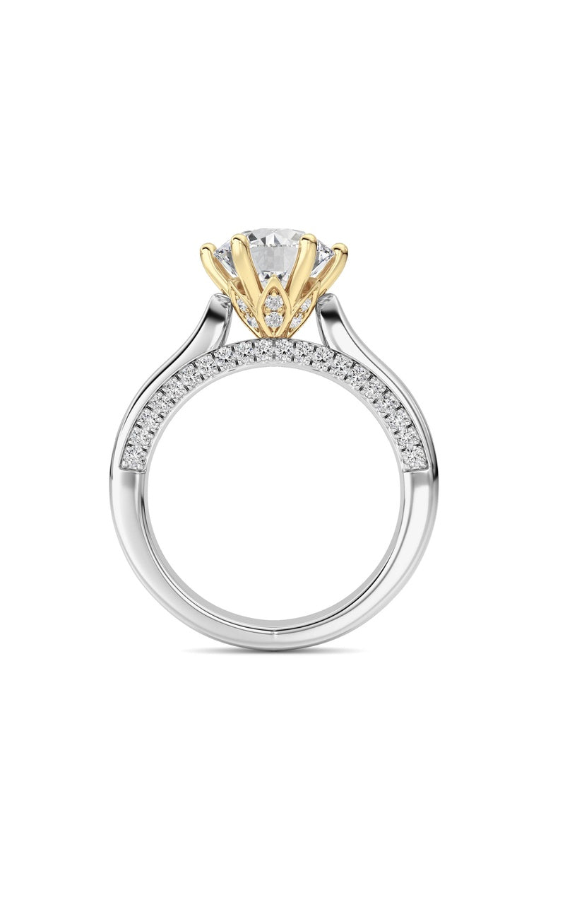 2CTW Round Shaped Lab Grown Diamond (F/VS) Tulip Motif Accented Engagement Ring in 14K Gold
