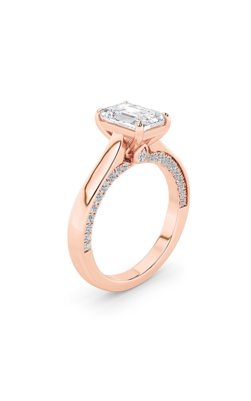 2CTW Emerald Shaped Lab Grown Diamond (G/VS) Accented Bridge Shank Engagement Ring in 14K Gold
