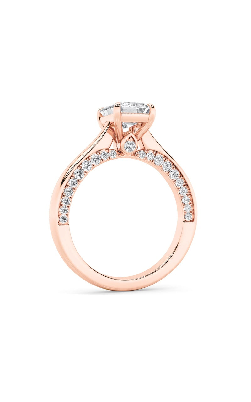 2CTW Emerald Shaped Lab Grown Diamond (G/VS) Accented Bridge Shank Engagement Ring in 14K Gold