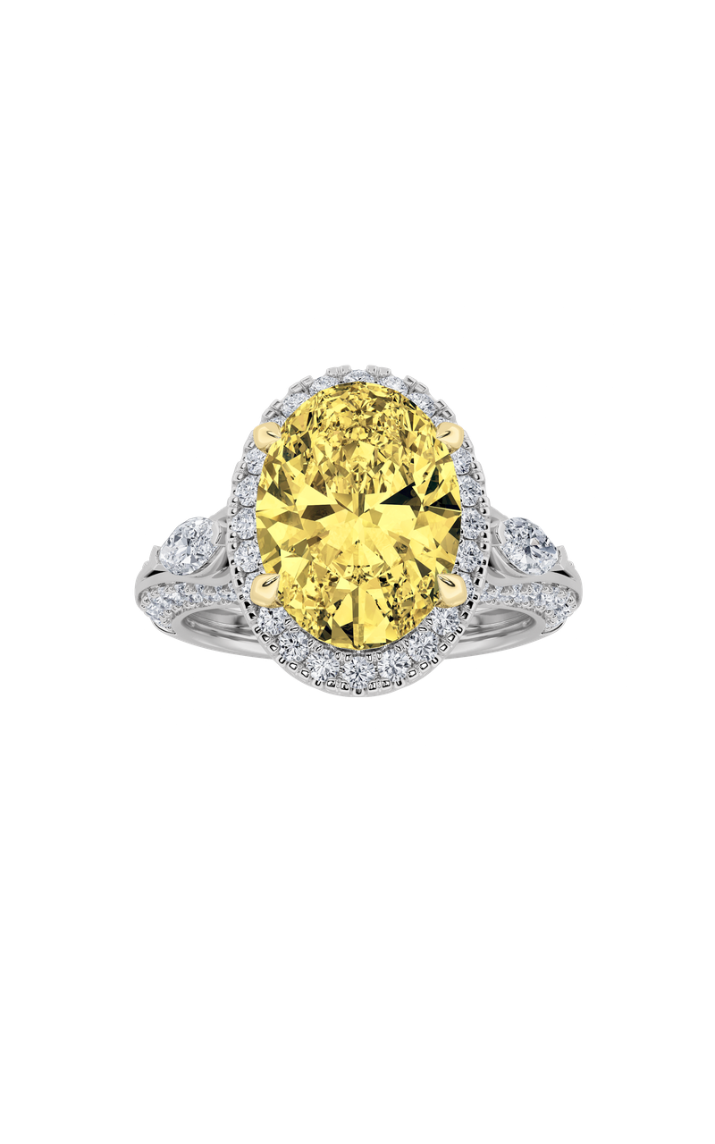 3CTW Oval Shaped Lab Grown Diamond (F/VS) Three Stone Halo Enagement Ring in 14K Gold