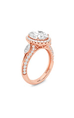 Load image into Gallery viewer, 3CTW Oval Shaped Lab Grown Diamond (F/VS) Three Stone Halo Enagement Ring in 14K Gold

