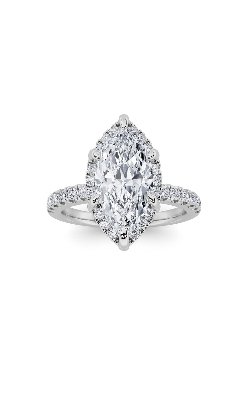 2CTW Marquise Shaped Lab Grown Diamond (F/VS) Halo Accented Engagement Ring in 14K Gold
