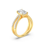 Load image into Gallery viewer, 2CTW Emerald Shaped Lab Grown Diamond (F/VS) Cross Shank Accented Engagement Ring in 14K Gold
